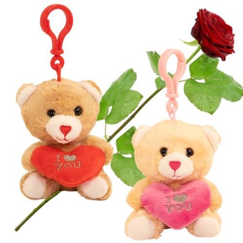 2 Cuddle keychains with heart + fresh red rose (2 cuddly keychains with heart + fresh red rose)