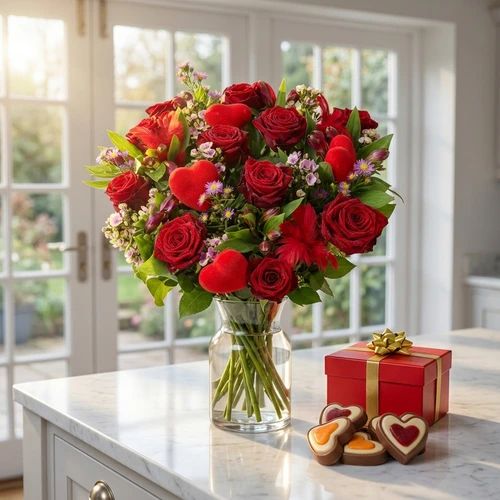 Red roses and flowers + chocolate hearts (Box with 7 Red roses with a touch of pink + hearts and feathers + 140 grams of heart-shaped chocolate)