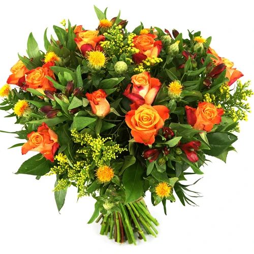 Orange roses and flowers (Bouquet of medium orange roses and orange red flowers)