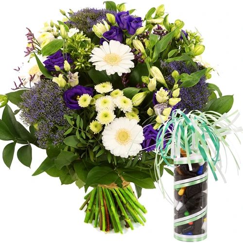 Blue and white bouquet + 200 grams of licorice (Medium blue and white bouquet + A tube of licorice with 200 grams of licorice)