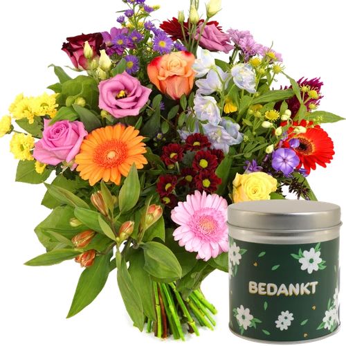 Thank you flowers + thank you candy tin (Small fur bouquet + candy tin thank you)