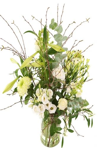 Picked white flower bouquet incl. milk can vase (Medium picked bouquet of white shades in a glass milk can vase)
