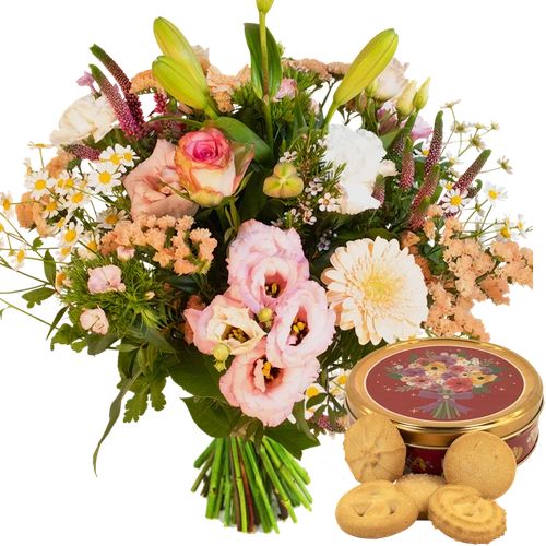 Bouquet pastel salmon pink + cookie tin (Medium bouquet pastel pink salmon white + cookie tin)