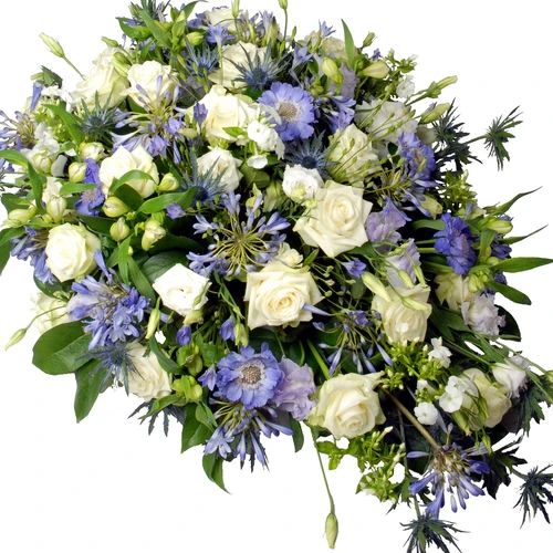 Oval funeral arrangement blue - purple - white (Oval funeral arrangement approx 75 cm blue - purple - white)