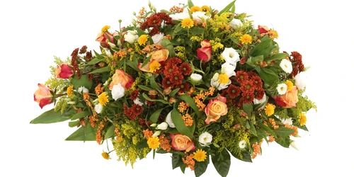 Funeral arrangement 80 - 90 - 100cm orange yellow white shades (Oval funeral arrangement mixed orange yellow and white approx 80 cm)