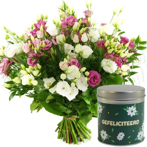 Congratulations bouquet + congratulations candy tin (Medium bouquet of eustomas valued at + congratulatory candy tin)