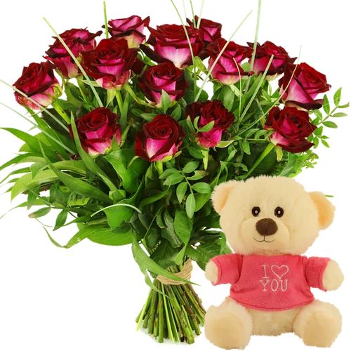 Bouquet of red roses + I love you hug (Small bouquet of 10 red roses + small I love you plush toy with pink shirt)