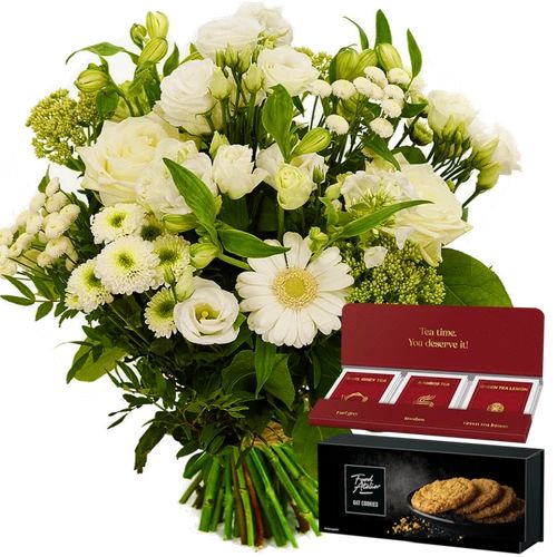 White flowers + cake and tea (Medium white bouquet + luxury tea in crispy oat cookies (135 grams))