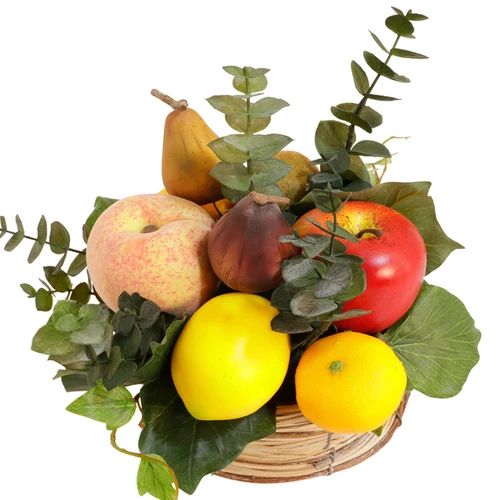 Artificial fruit in a basket (Round artificial fruit basket combined with artificial greenery)
