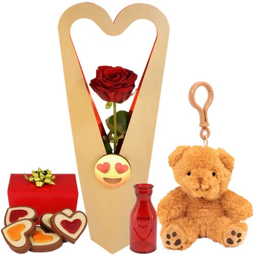 Red rose in an elegant box ..... and cuddly keychain (Red rose with small red vase in elegant heart box + teddy bear keychain)