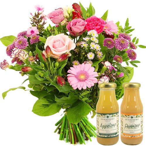 Pink seasonal bouquet + Olmenhorst juices (Seasonal bouquet small pink + 2 Olmenhorst juices)