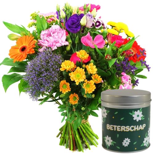 Get well flowers + Get well tin (Small box + Get well soon candy tin)
