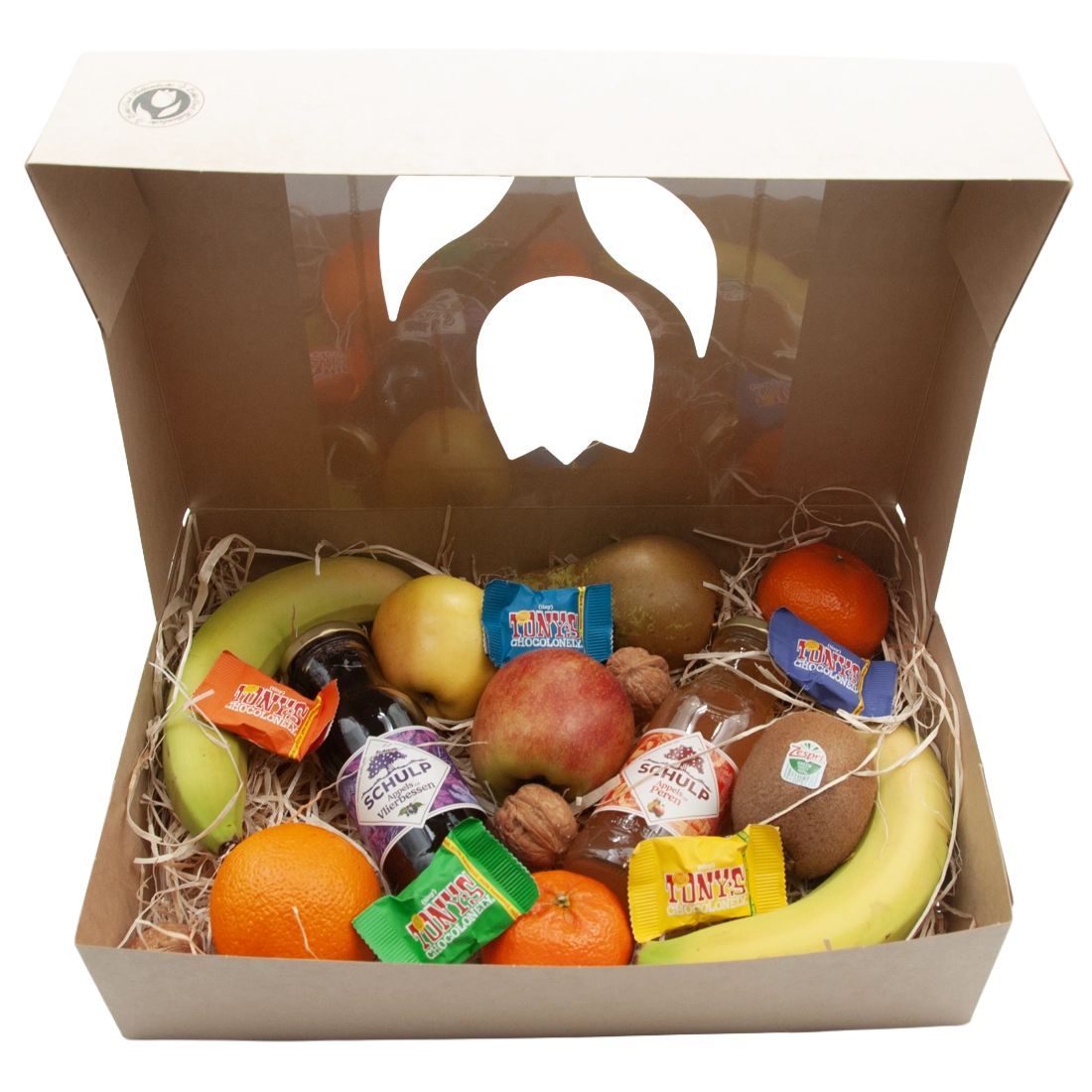 Fruit crate with fruit 2 bottles of juice and tiny Tony