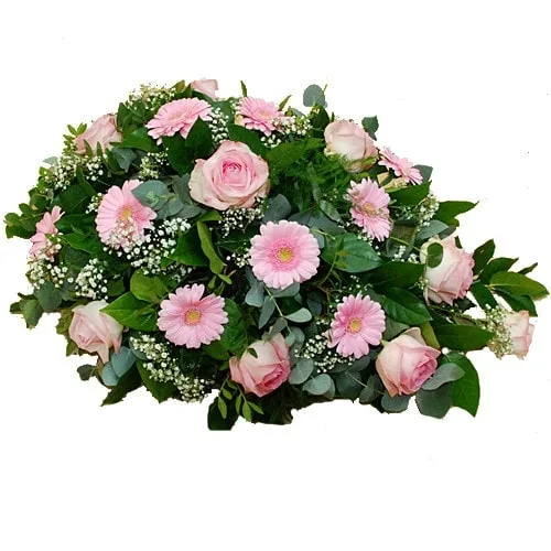 Rouwarrangement roze rozen en gerberas