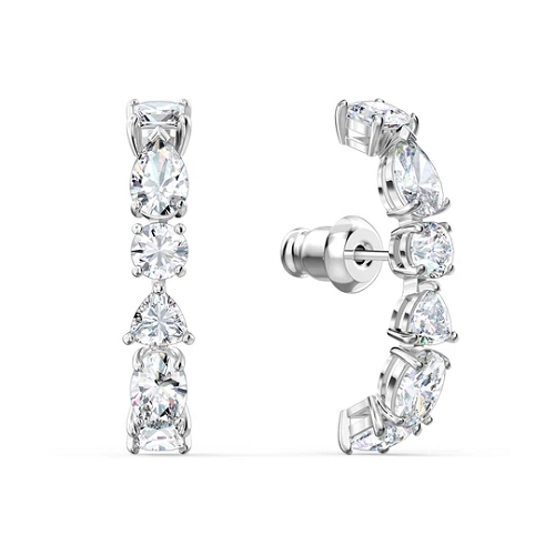 TENNIS DELUXE MIXED PIERCED EARRINGS, WHITE, RHODIUM PLATED