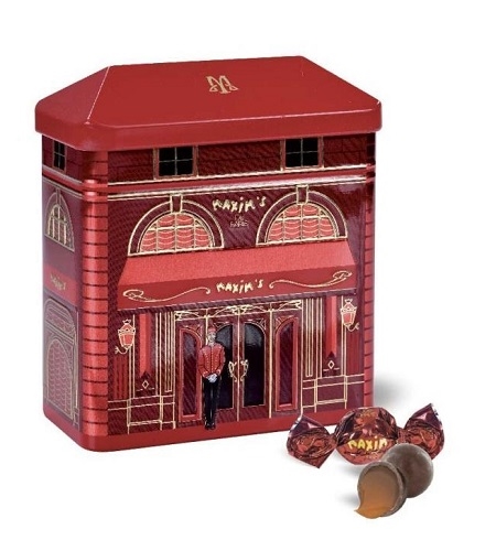 MAXIM'S SMALL HOUSE ROOF TIN WITH CHOCOLATES