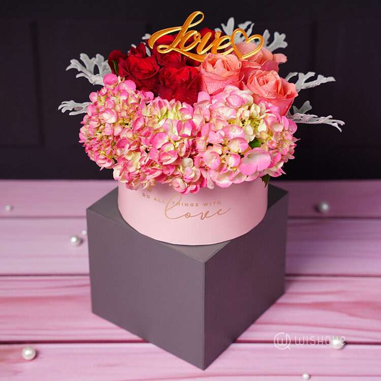 Pink Hydrangea & Rose Love Bucket