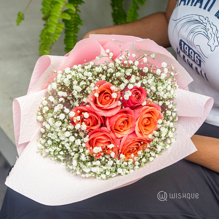 Coral Charm Babyâ€™s Breath Crown Bouquet