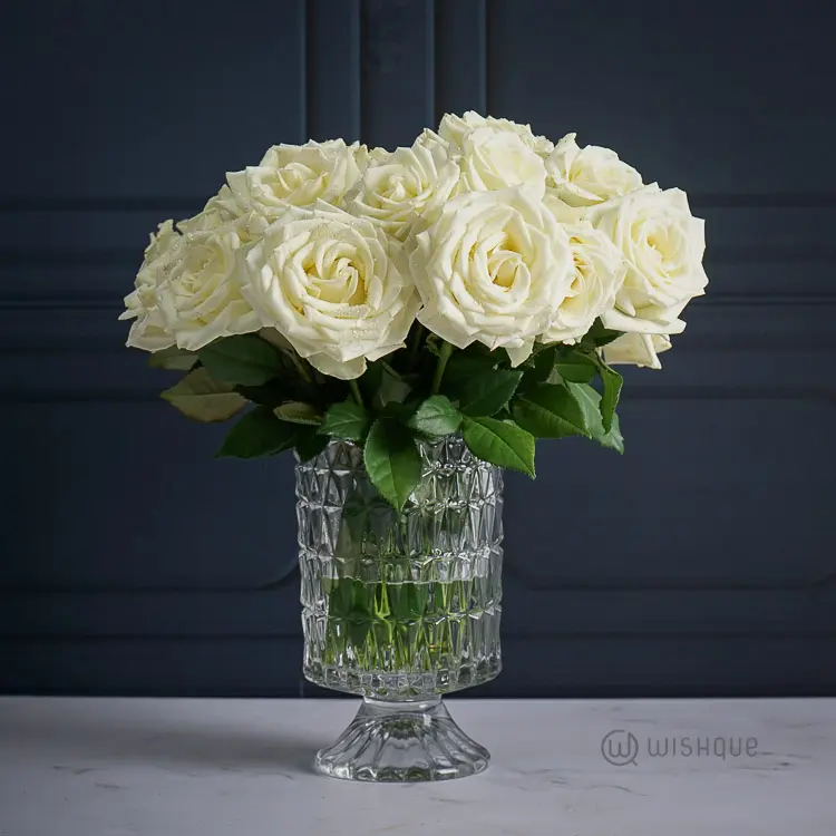 25 Avalanche White Roses Crystal Vase Arrangement