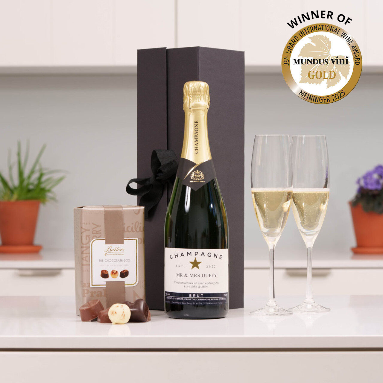Personalised Champagne with Galway Flutes & Chocolates