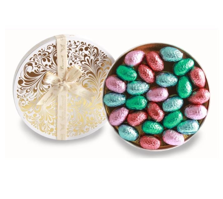 BELGIAN PRALINE EGGS IN A ROUND BOX