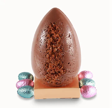 SALTED TOFFEE MILK EGG, WITH BELGIAN PRALINE EGGS