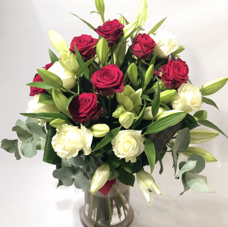 Big Emotions- white lilys, tall red and white roses (Classic)