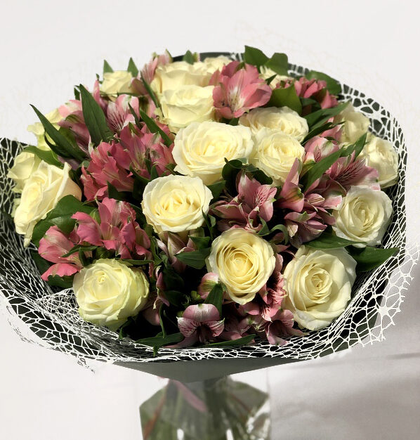 White Rose Dream- white roses, pink alstromerias (Classic)