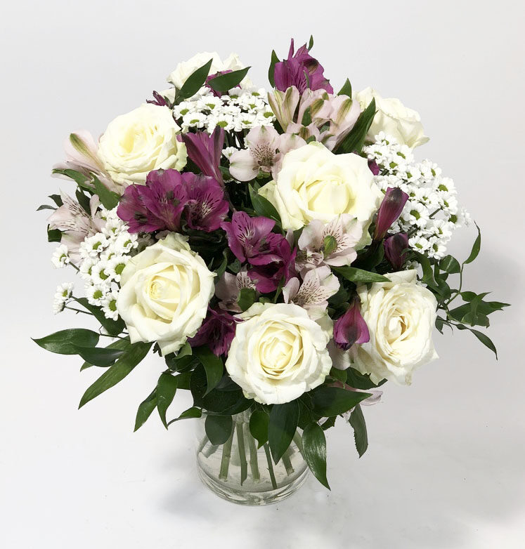 Beautiful morning- white roses, pink and violet alstromerias (Classic)