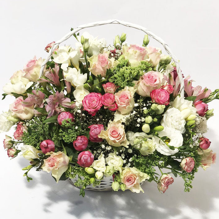 Pink romance- basket arrangement of roses, lisianthus, fresias, alstromerias