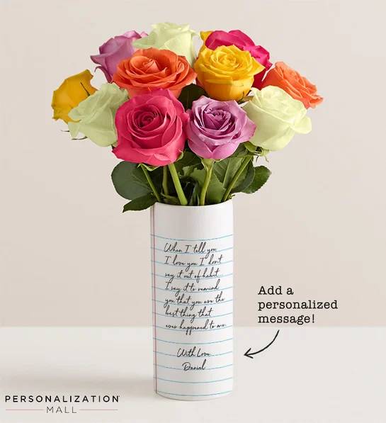Love Notes Bouquet with Personalized Vase (with One Dozen Assorted Roses)