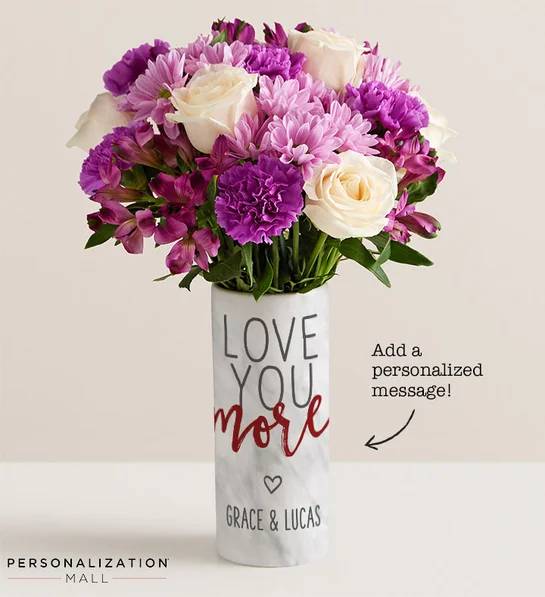 Love You More Bouquet with Personalized Vase (with Lavender Garden Bouquet)