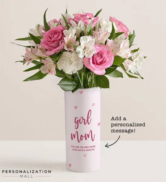 Girl Mom Bouquet with Personalized Vase (with One Dozen Assorted Roses)