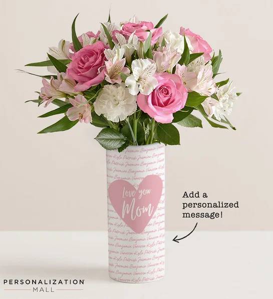 Mom's Loving Heart Bouquet with Personalized Vase (with One Dozen Assorted Roses)