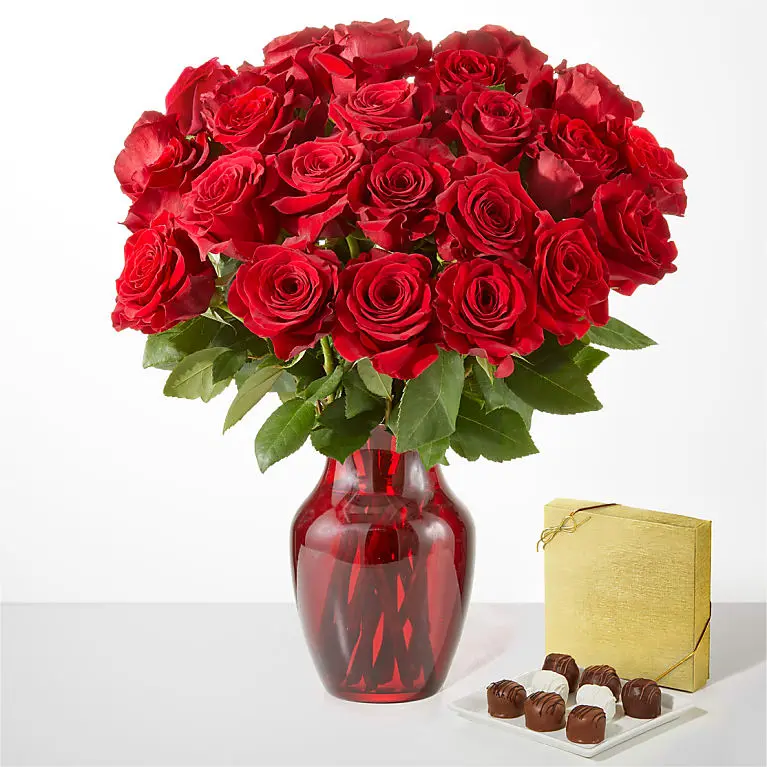 Red Rose Bouquet with Red Vase