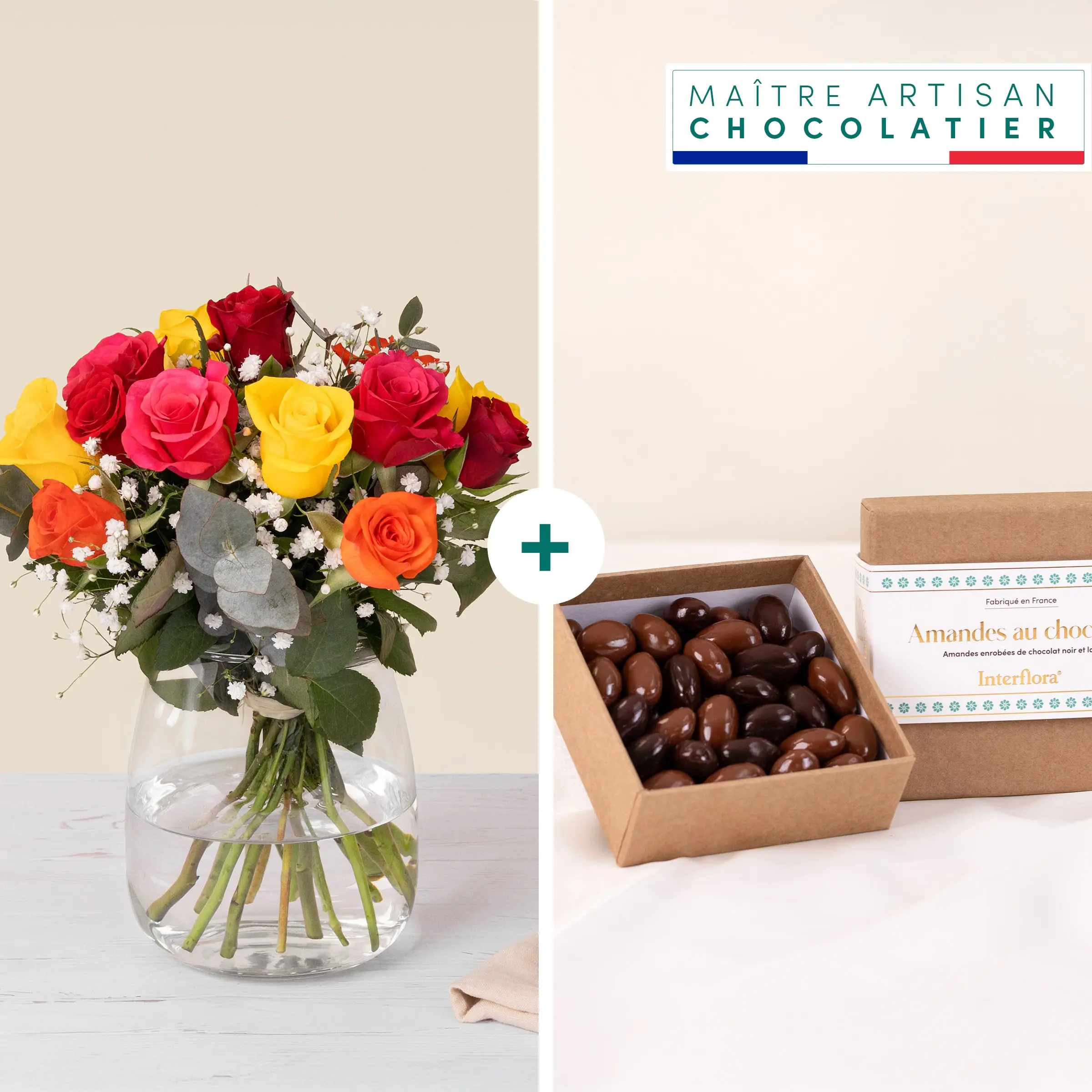 Multicolored roses and chocolates
