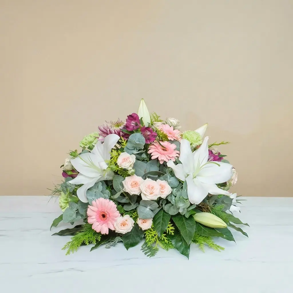 Funeral composition in delicate pink tones
