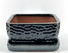 Crackle Black Square Ceramic Bonsai Pot With Humidity / Drip Tray