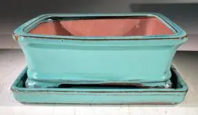 Light Blue Ceramic Bonsai Pot - Rectangle With Humidity Drip Tray 8" x 6" x 3"