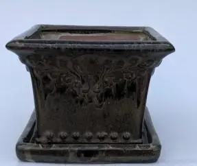 Ceramic Marbled Brown Bonsai Pot - Square With Humidity / Drip Tray 8.0" x 8.0" x 5.75"