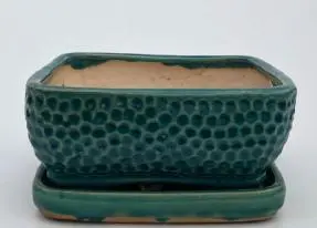 Crackle Teal Green Ceramic Square Bonsai Pot With Humidity / Drip Tray