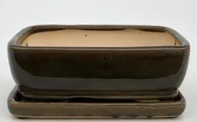 Crackle Bronze Ceramic Bonsai Pot - Rectangle With Humidity Drip Tray 8.75" x 6.75" x 3"