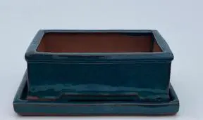Blue / Green Ceramic Bonsai Pot - Rectangle With Humidity Drip Tray 8.5" x 7" x 3"