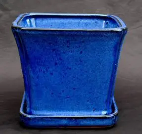 Blue Ceramic Bonsai Pot Square With Attached Humidity / Drip Tray 7.5" x 7.5" x 6.75"