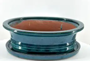 Blue / Green Oval Ceramic Bonsai Pot With Humidity Drip Tray