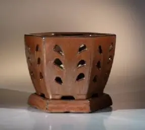 Ceramic Orchid Pot 7.25"x6.25" Hexagon With Attached Saucer
