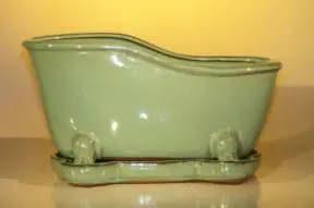 Blue/Green Ceramic Bonsai Pot With Matching Tray Bathtub Shape 10.875" x 4.875" x 5.25"