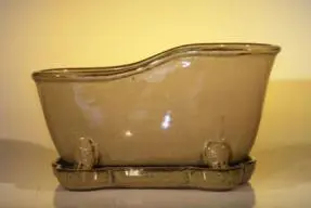 Olive Green Ceramic Bonsai Pot With Matching Tray Bathtub Shape 10.875" x 4.875" x 5.25"