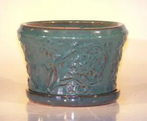 Ceramic Bonsai Pot With Matching Tray 15.625"x11.625" Tall Blue/Green Color Round