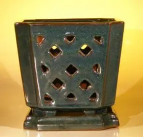 Ceramic Orchid Pot with Attached Tray 8.25"x7.25" Tall Blue/Green Color - Square Sized to fit 8.0" Plastic Growing Pot